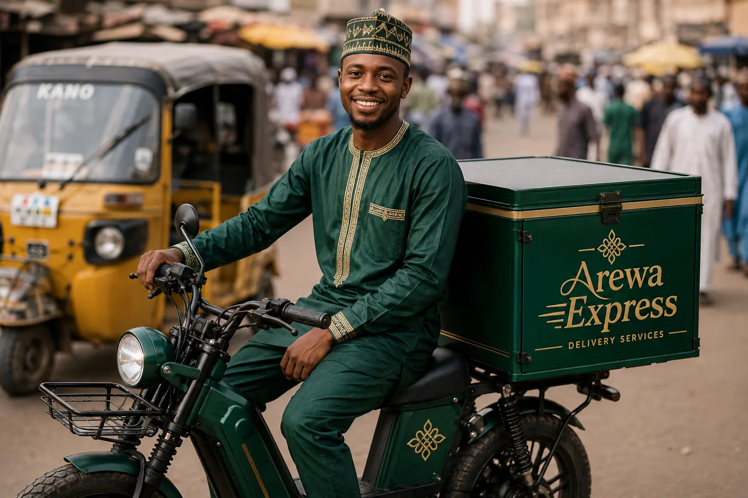 An Arewa Express rider on a green delivery e-bike, its cargo box carrying the Arewa Express mark in gold, on a busy Kano street.